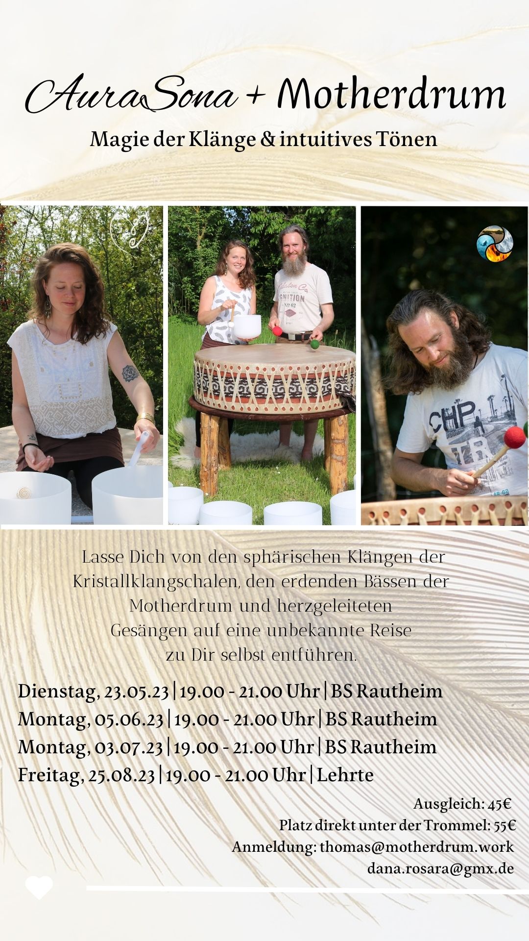 Klangreise AuraSona und Motherdrum, 05.06.2023 Braunschweig, Kristallklangschalen, intuitives Tönen und Trommeln mit der Motherdrum, Stressabbau, Auszeit, Abschalten, Herunter kommen, Entspannen, Kurzurlaub